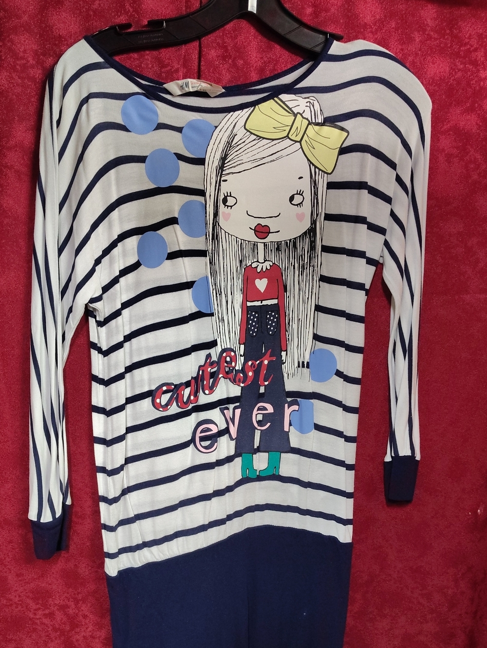 H&M Navy & White Striped Long-Sleeve Tee with Graphic Girl and Yellow Bow